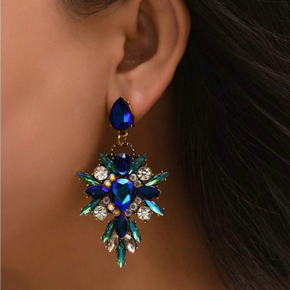 Blue Crystal Drop Statement Earrings - Women Jewelry